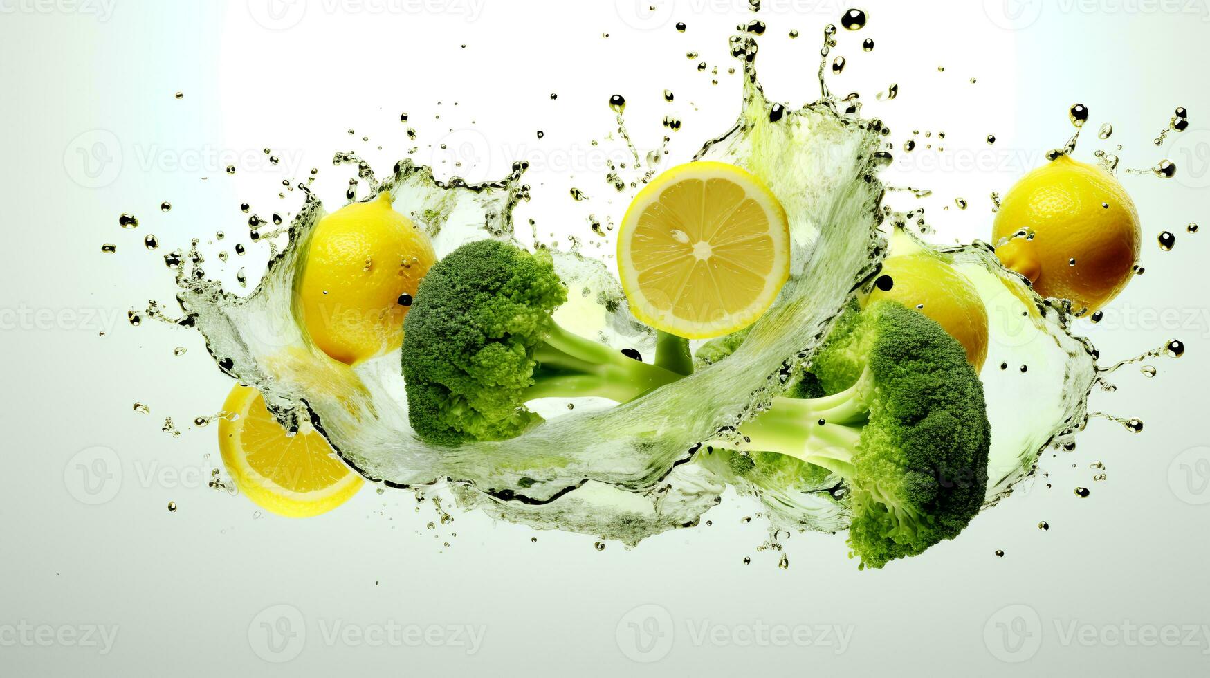 Photo of Broccoli and lemon with water splashes isolated on white background