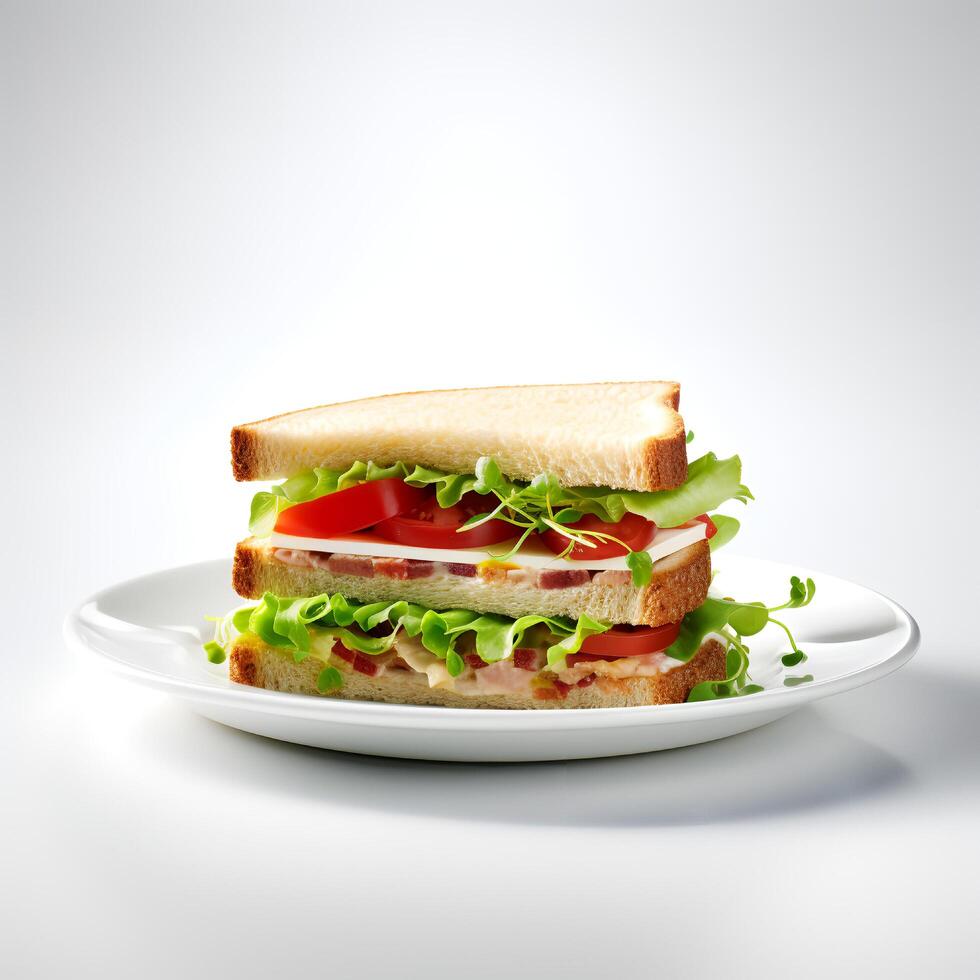 Food photography of sandwich on plate isolated on white background. photo