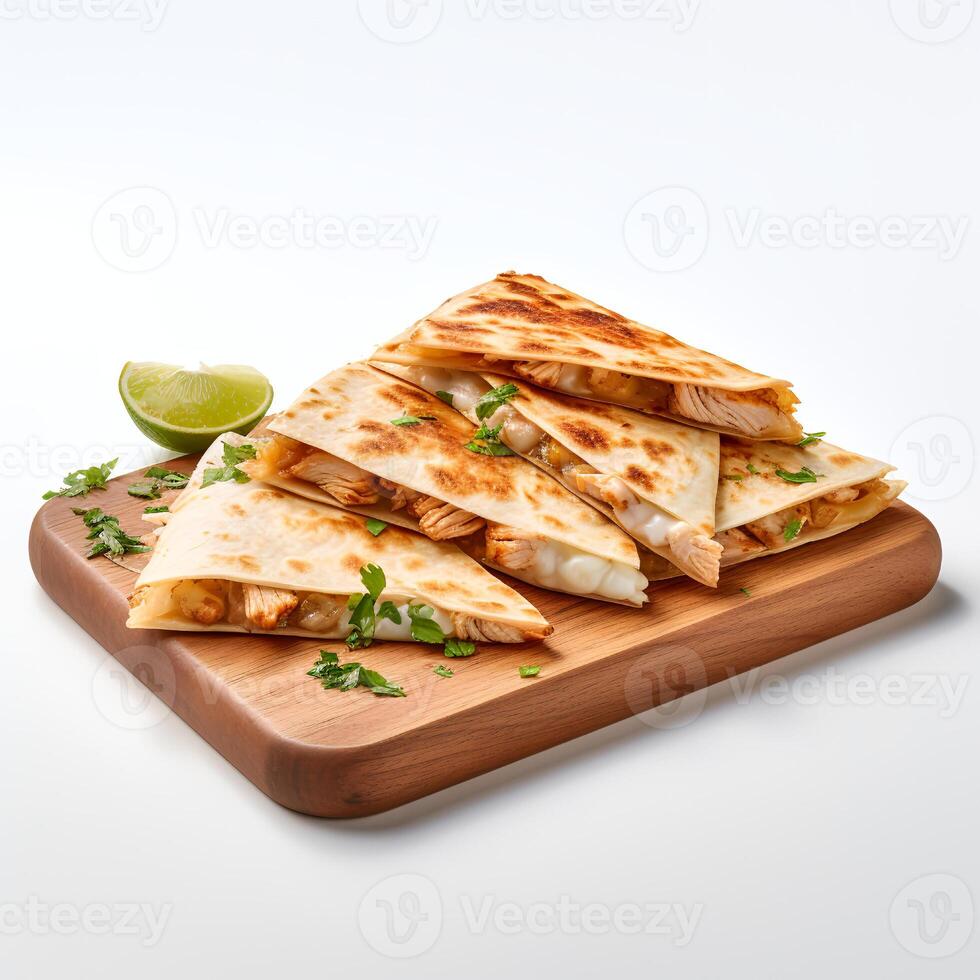 Photo of Chicken Quesadilla on wooden board isolated on white background. Created by Generative AI