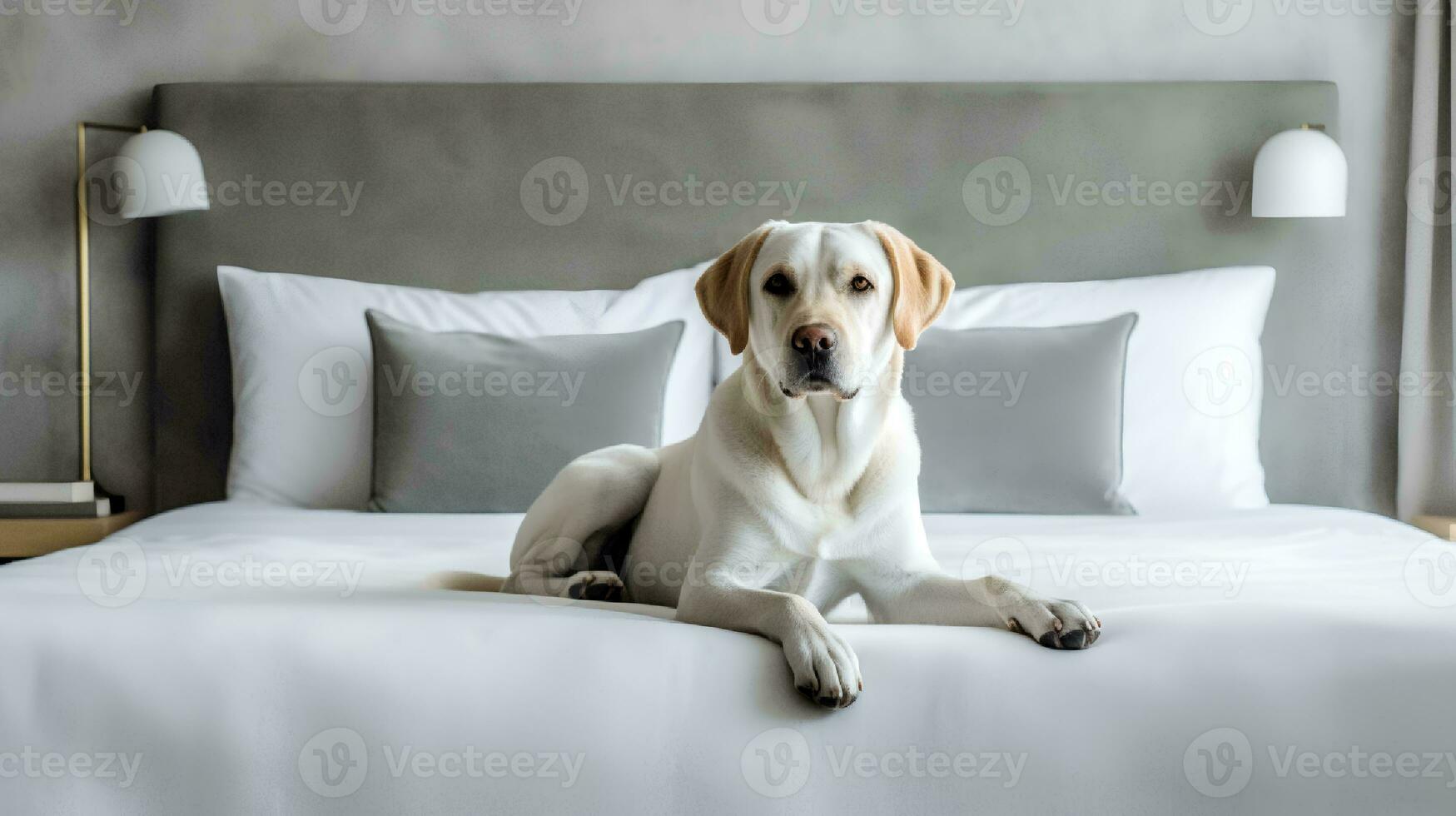 golden retriever dog lying on bed in hotel with contemporary interior design. Generative AI photo