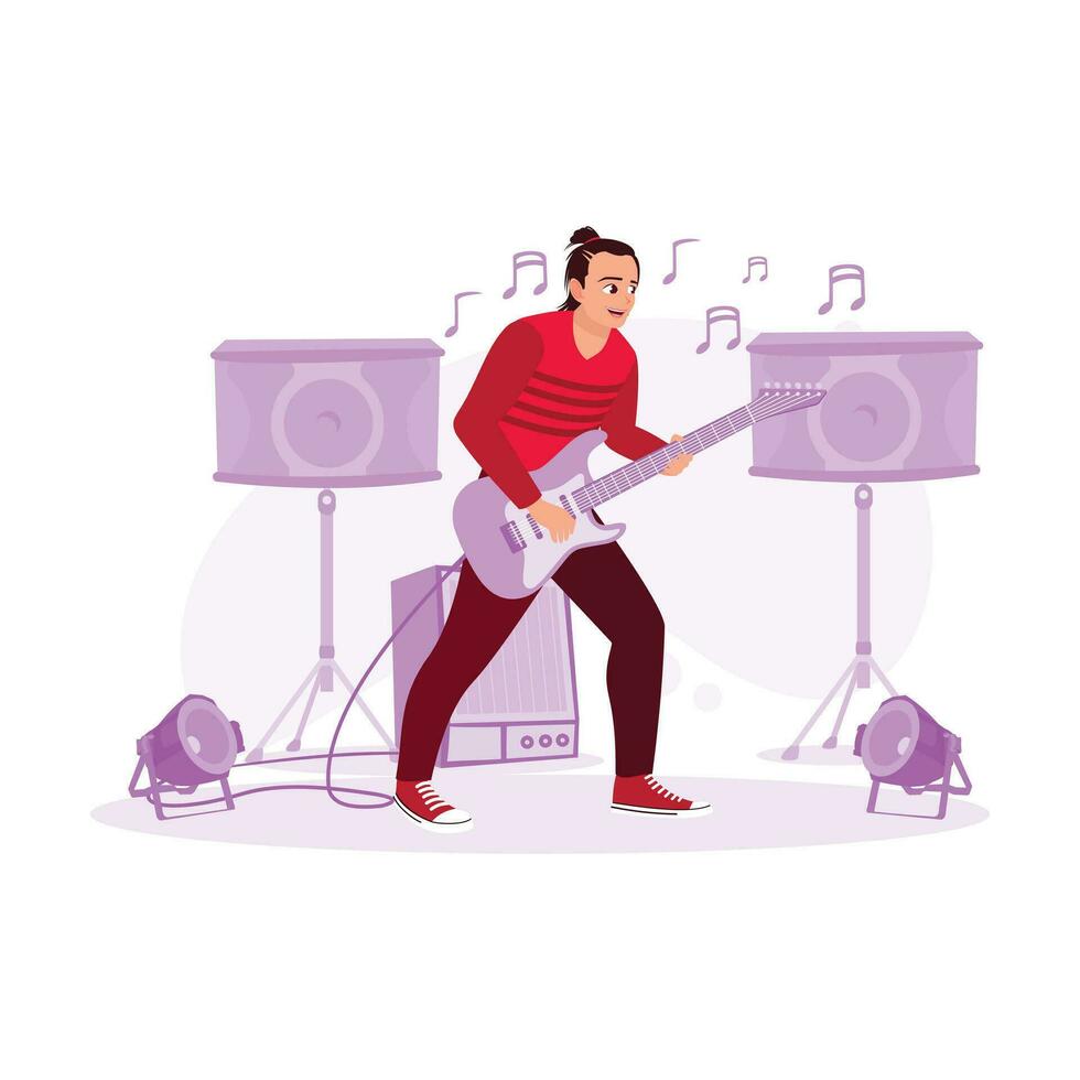 profesional eléctrico guitarra jugadores Mira maravilloso en escenario. tendencia moderno vector plano ilustración.