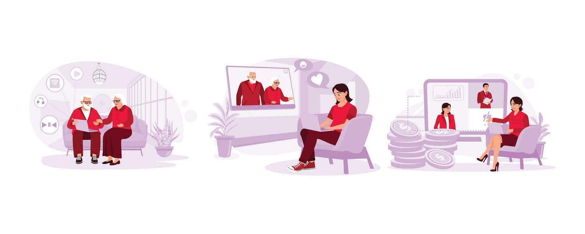 Old couple spending time together while watching funny videos. A girl sits and makes a video call with her grandparents. Businesswoman uses an internet connection for online meetings. vector