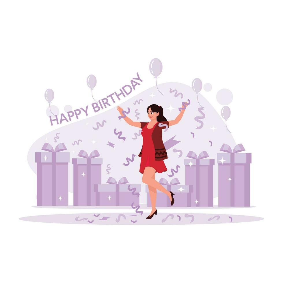 Happy birthday. Beautiful girl celebrating birthday with happy face and confetti. Trend Modern vector flat illustration.