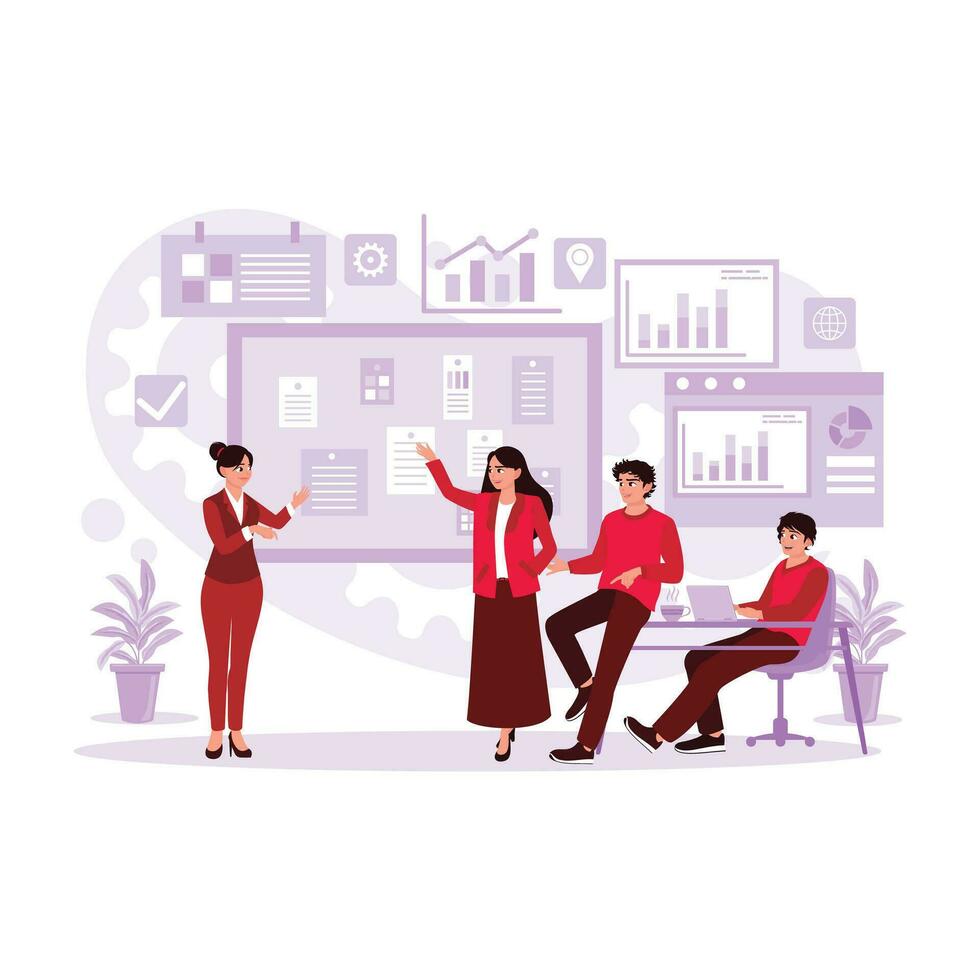 Business people meet in the office, sharing ideas and discussing sticky notes on the board. Trend Modern vector flat illustration.