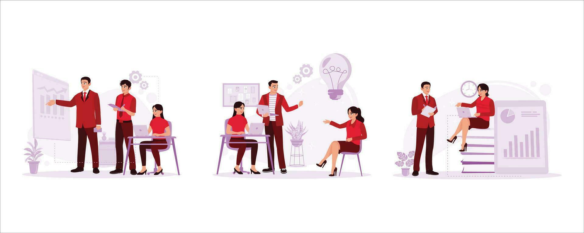 Business colleagues have a conference in the meeting room, discussing, expressing opinions, and looking for strategies. Trend modern vector flat illustration.