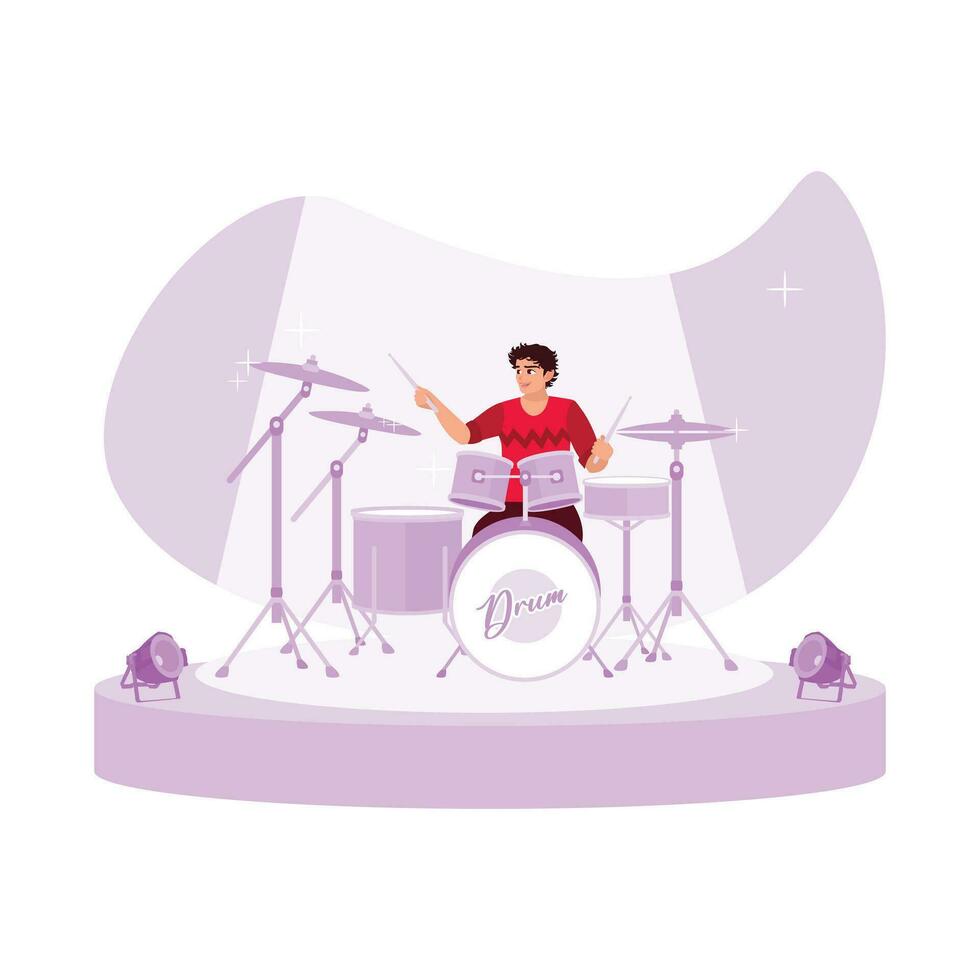 The band drummer trains hard for a concert in a music studio. Trend Modern vector flat illustration.