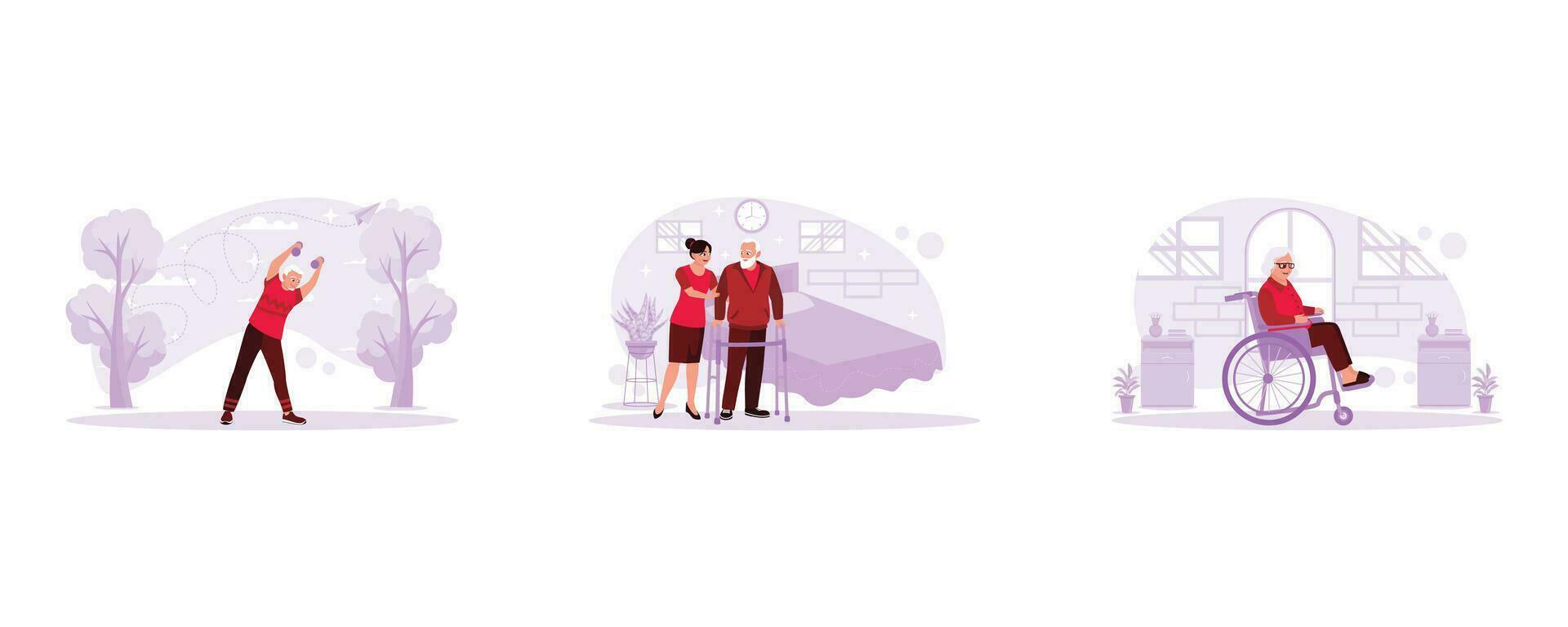 Old sportsman exercising by lifting a light barbell. The nurse helped the elderly patient to walk with a walker. Bespectacled grandmother sitting in a wheelchair. vector