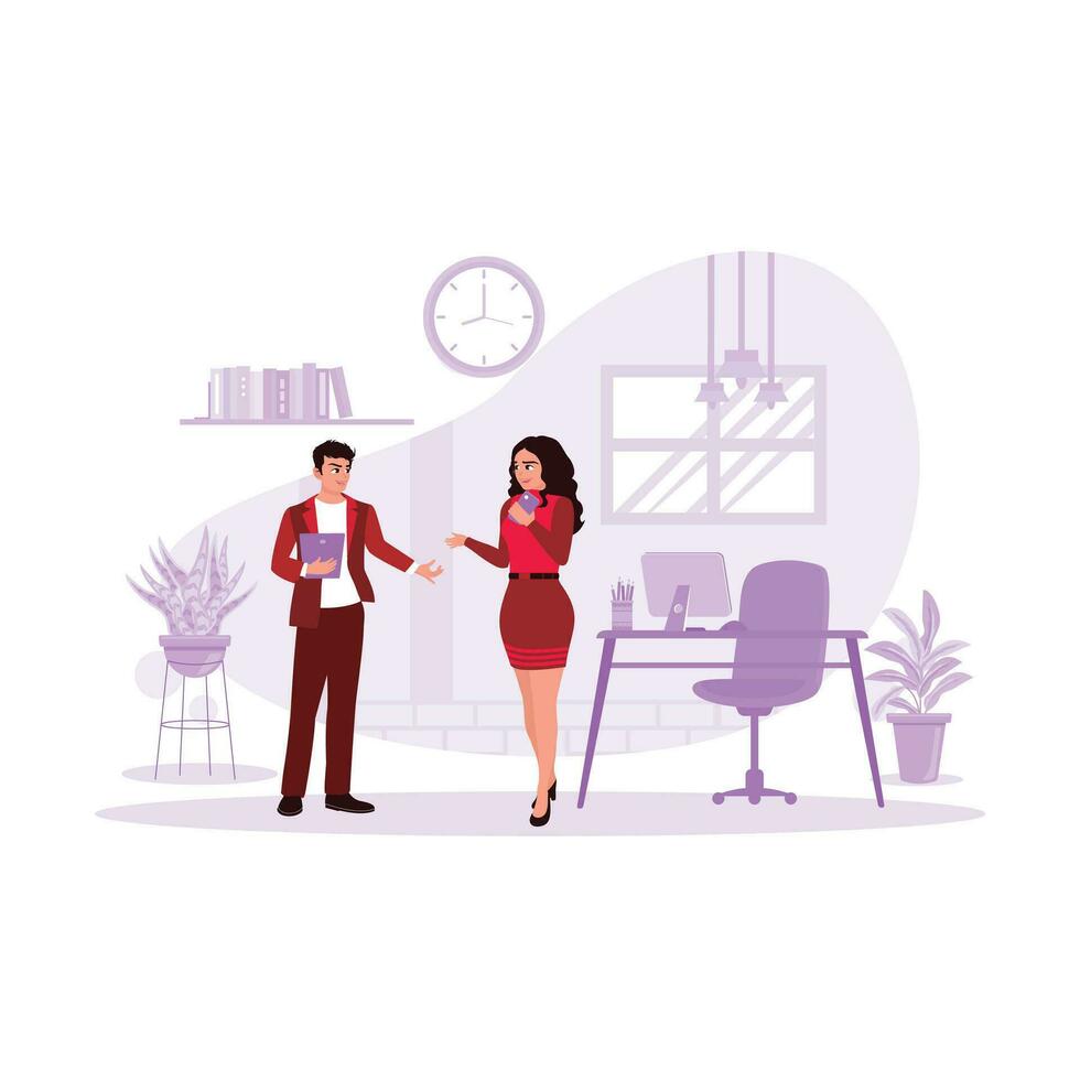 Portrait of a manager and employee discussing together in the office of a multicultural company. Trend Modern vector flat illustration.