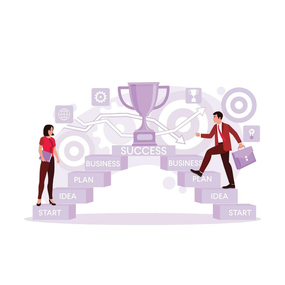 Businessmen and women are climbing the ladder to trophy success in their careers. Trend Modern vector flat illustration.