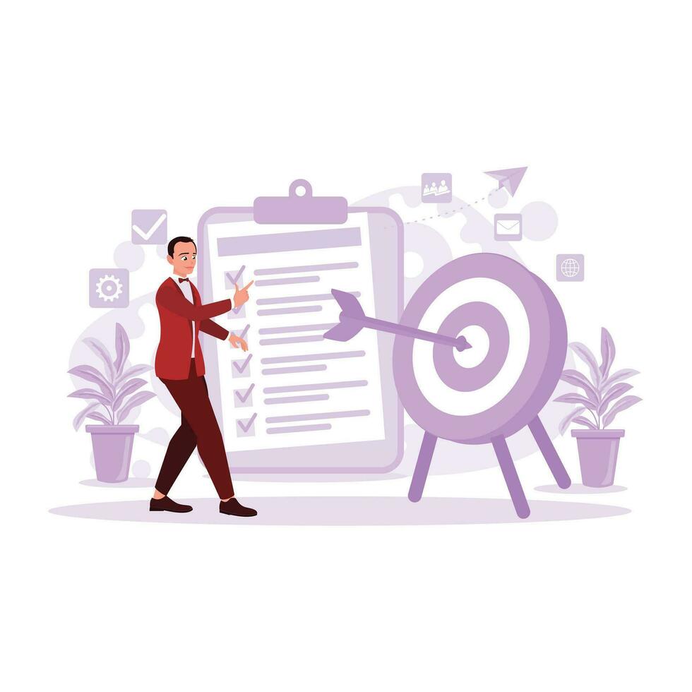 A successful businessman throws a dart in the middle of the target, ticked document background. Trend Modern vector flat illustration.