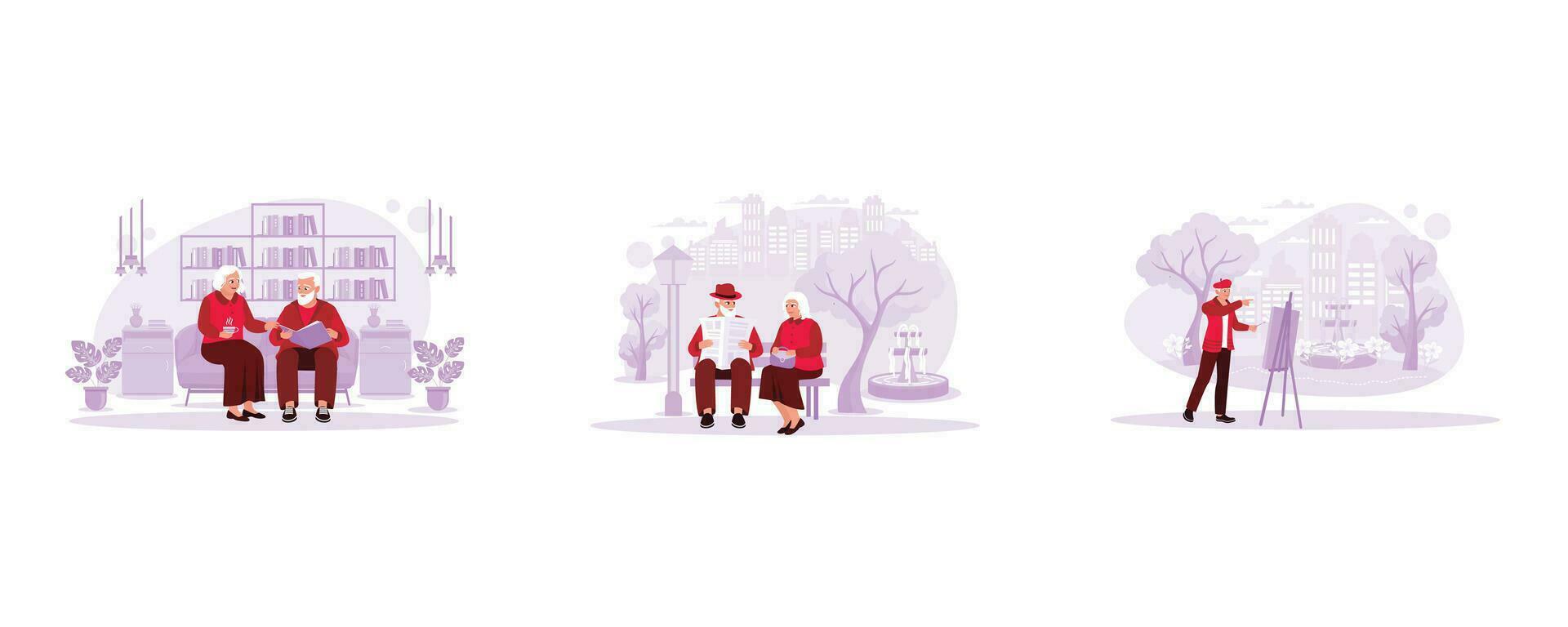 Elderly couples spend time together in the living room looking at albums. Elderly couple sitting together in the park. Old male painter painting on canvas in the garden. vector