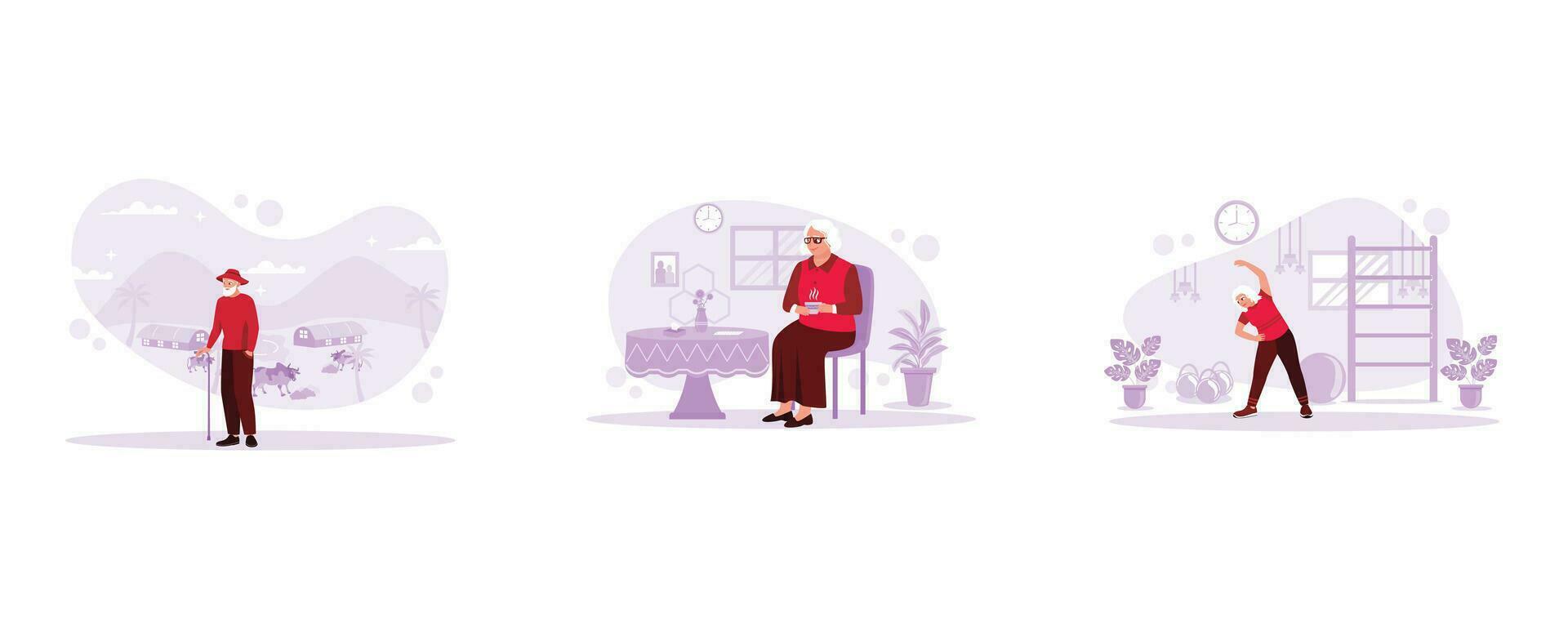 The old farmer walks with the help of a stick he ranch. The grandmother is sitting relaxed and enjoying aromatic hot tea. The older woman maintains her health by doing light exercise. vector