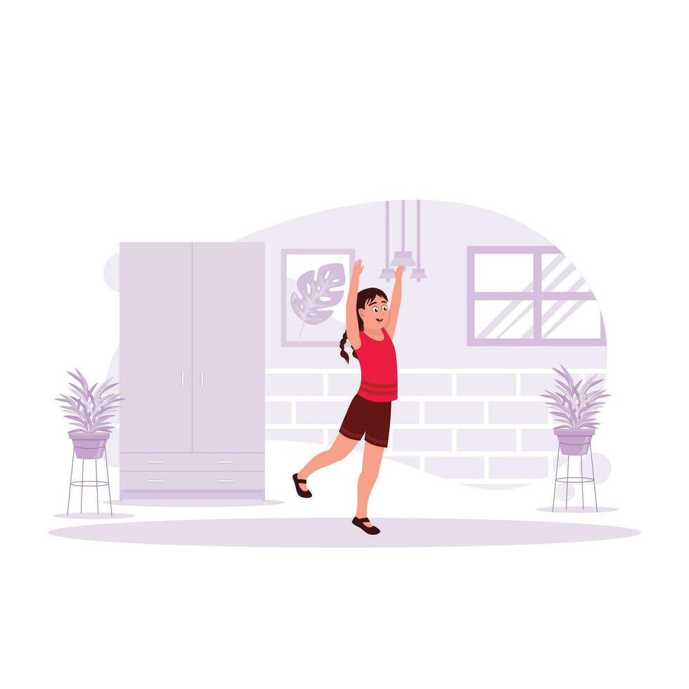 Attractive profile view of a cheerful little girl celebrating happiness. Trend Modern vector flat illustration.