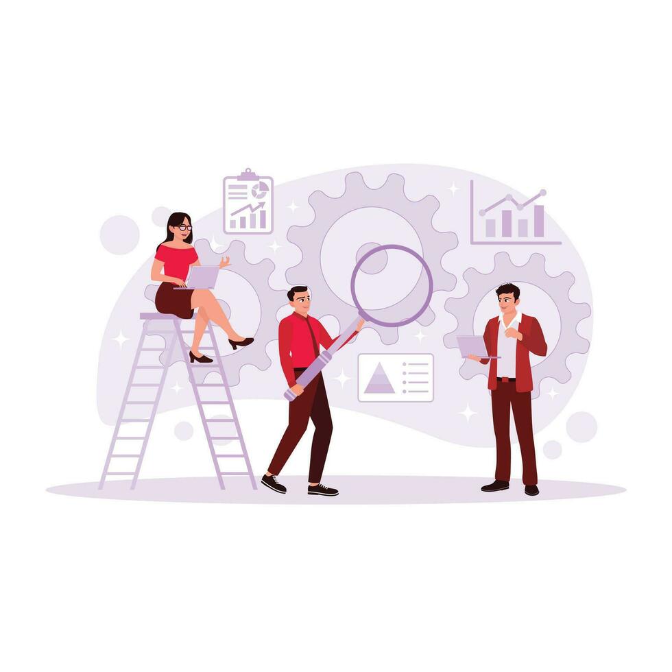 Employees are carrying laptops and magnifying glasses, and employees are sitting on the steps. Business data analysis concept, KPI charts, and finance. Trend Modern vector flat illustration.