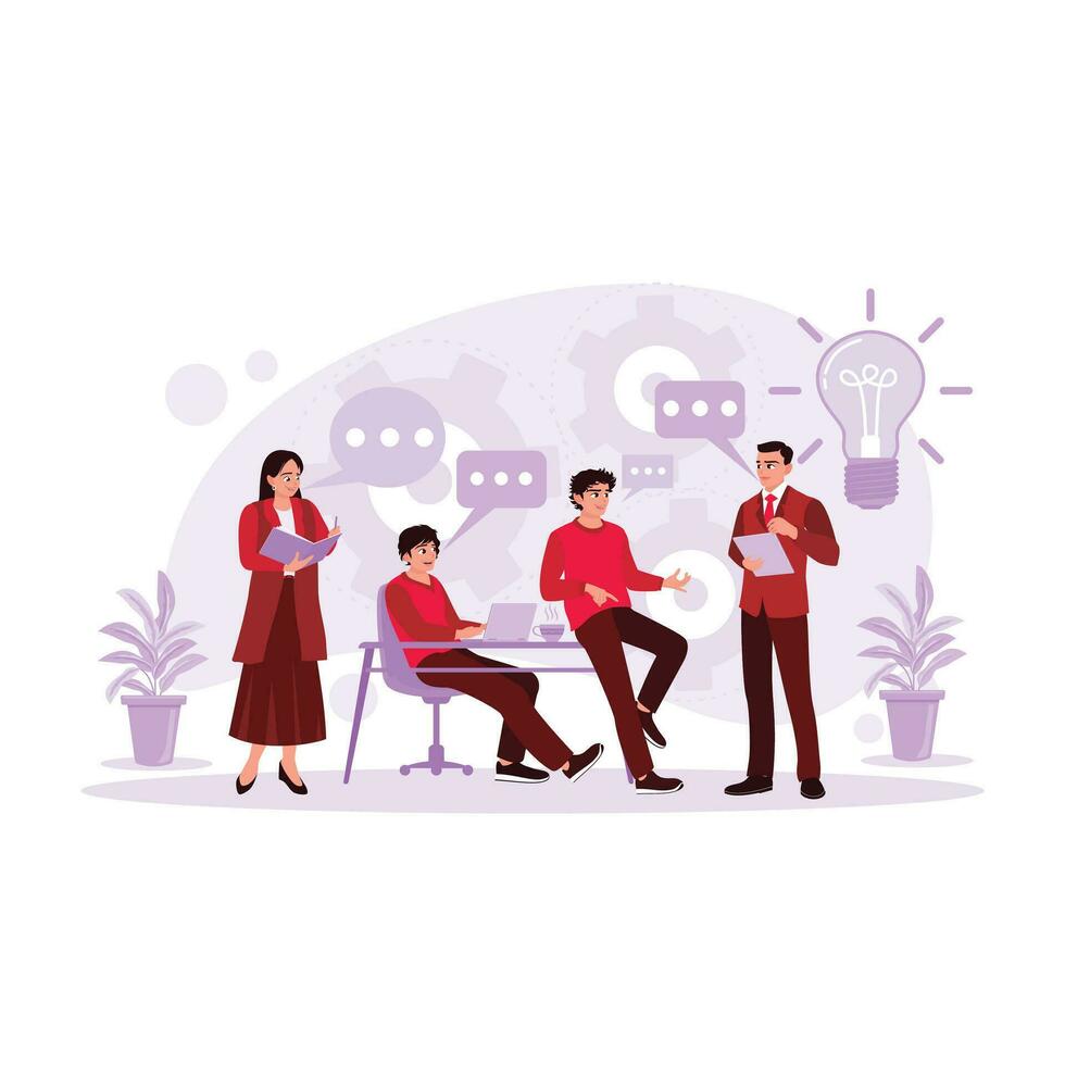 The creative team holds meetings, discusses, solves problems and discusses business proposals. Trend Modern vector flat illustration.
