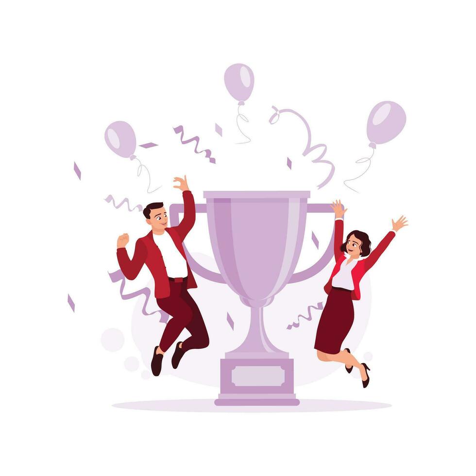 Beautiful woman and a handsome man jumping happily, celebrating victory against big trophy background. Trend Modern vector flat illustration.