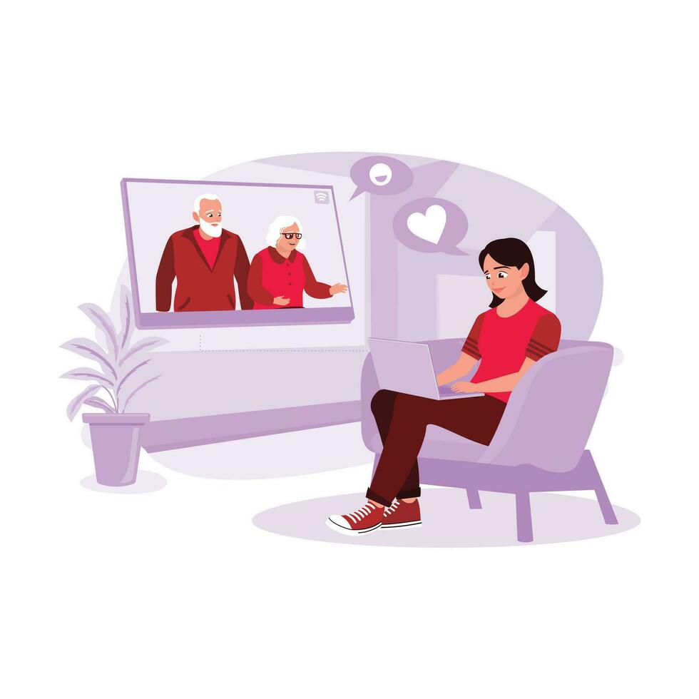 retrato de un joven niña sentado en el sofá haciendo vídeo llamadas con su abuelos en su computadora portátil, hablando y dejando ir. tendencia moderno vector plano ilustración.