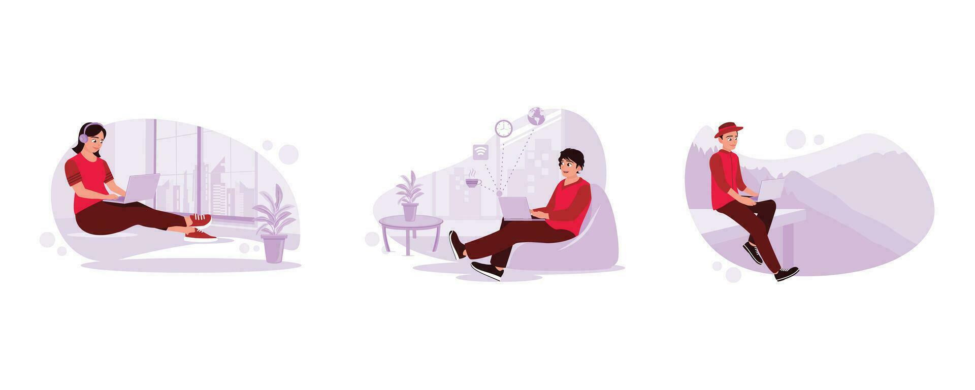 Female freelancer with short hair and sitting with a laptop and headphones. Stylish male freelancer relaxing in a cafe. Travellers in hats sitting rested with a view of the mountains. vector