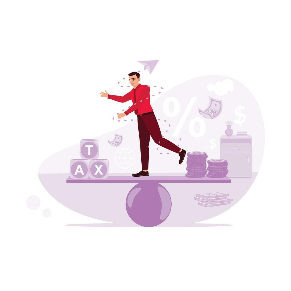 Entrepreneurs stand between taxes and income, trying to balance the two. Trend Modern vector flat illustration