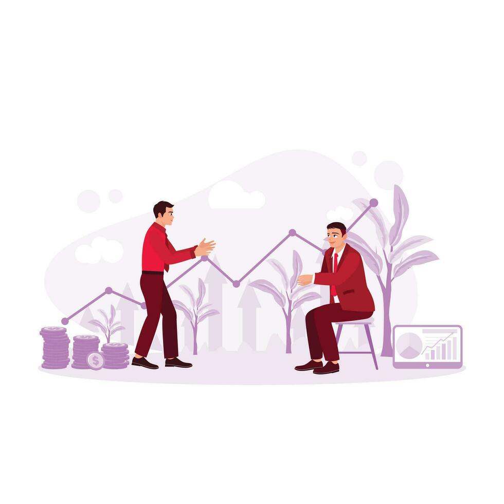 Two businessmen are discussing growth, profit, and business development against the backdrop of plants growing from fertile soil. Trend Modern vector flat illustration