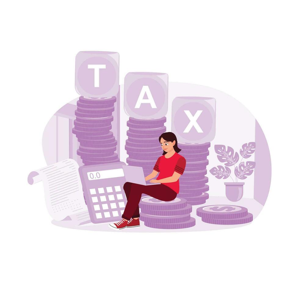 un alto pila de monedas con un caja de impuesto bloques, un calculadora, y un mujer sentado en el moneda con su ordenador portátil. tendencia moderno vector plano ilustración