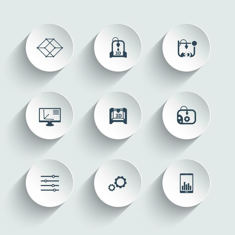 3d printer, printing, modeling, additive manufacturing, round 3d icons vector