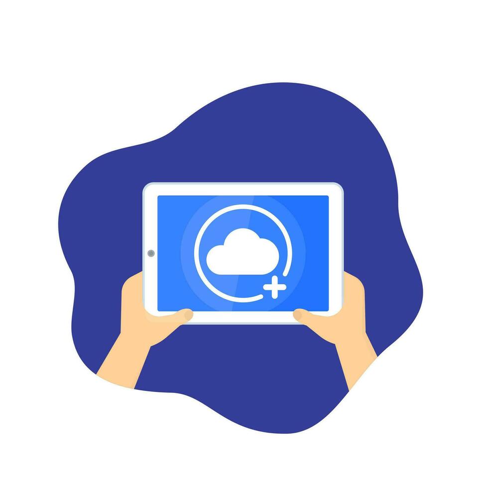 add to cloud, tablet in hands, vector