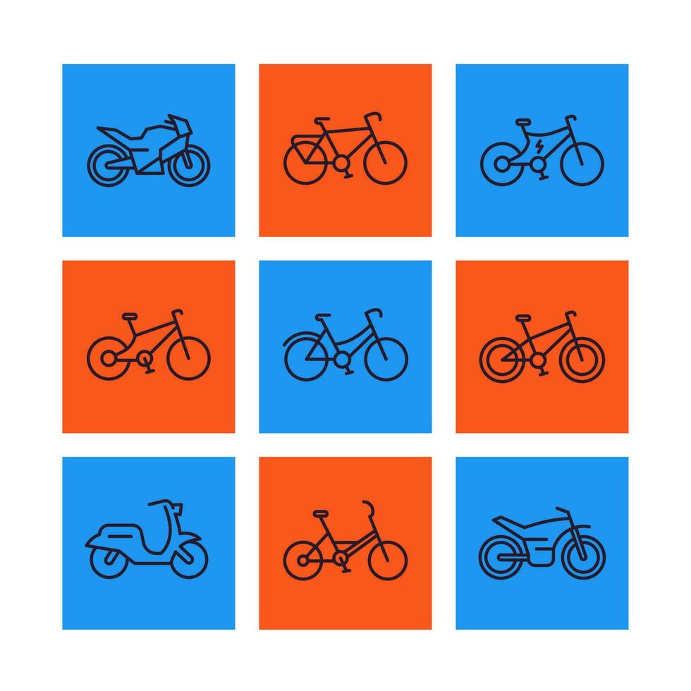 Bikes icons set, linear style, bicycle, cycling, motorcycle, motorbike, scooter, electric bike vector