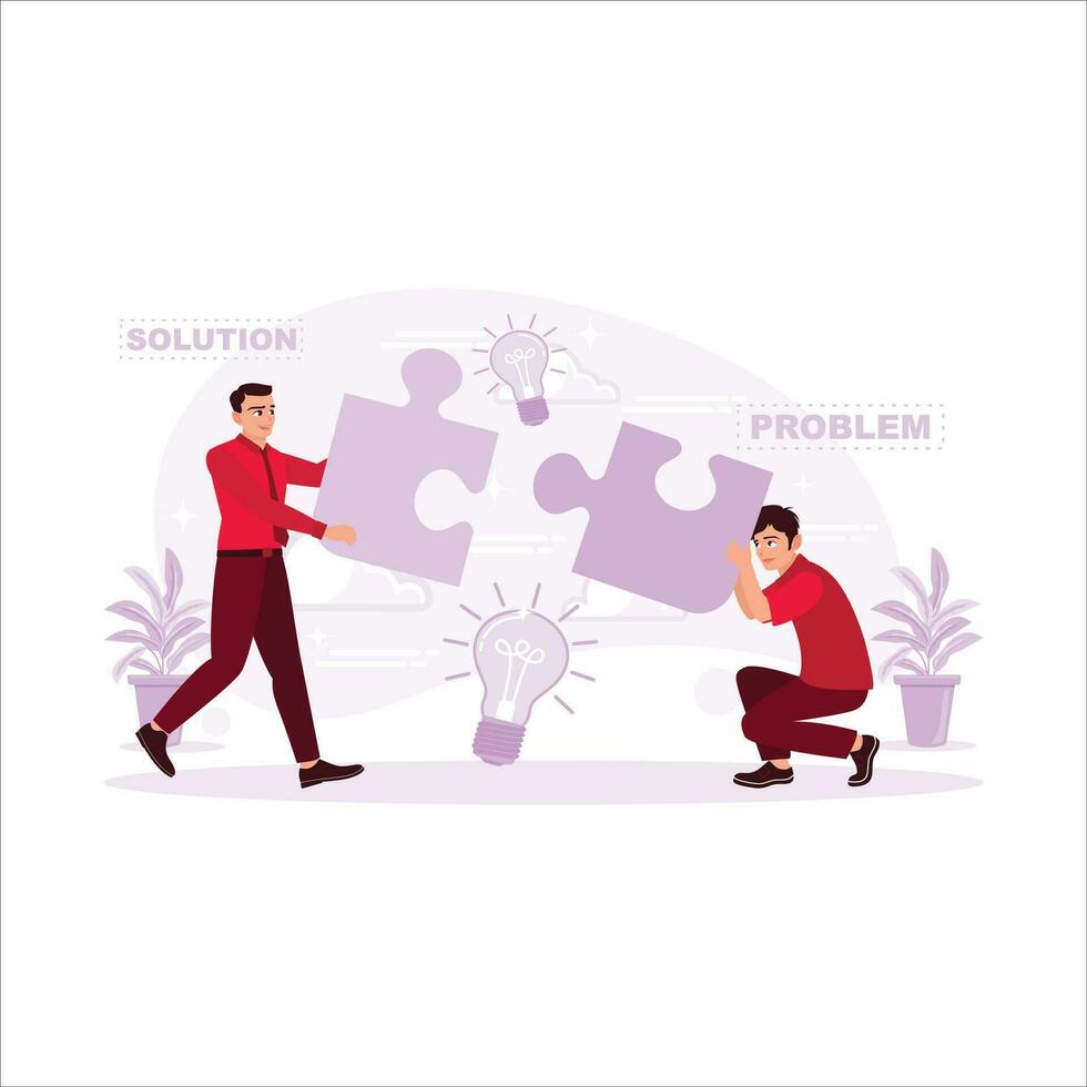 One man holds a problem puzzle, and another holds a solution puzzle. Problem solving concept. A jigsaw puzzle character concept of two business people working together in partnership. vector
