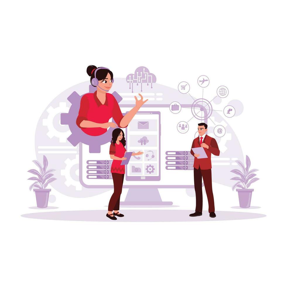 View of front-end development team brainstorming UI and UX for mobile app. Trend Modern vector flat illustration.