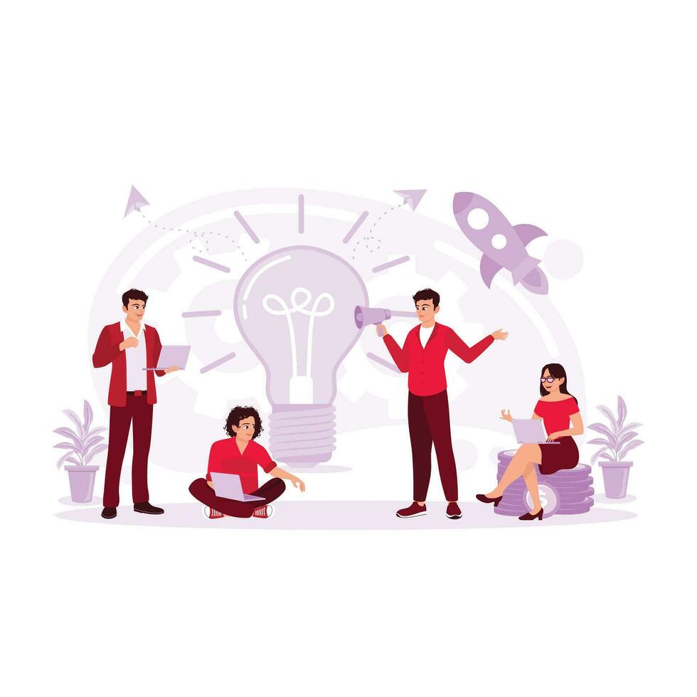 Teamwork. Young woman, businesswoman, man, financial analyst, or clerk in business clothes. Concept of finance, economy, professional work. Trend Modern vector flat illustration