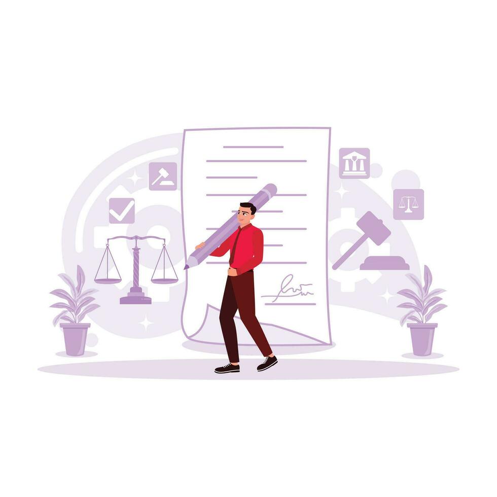 A man holding a large pencil signing an employment contract and weighing scales beside him. Justice and law, lawyers, court judges. Court decision. Trend Modern vector flat illustration