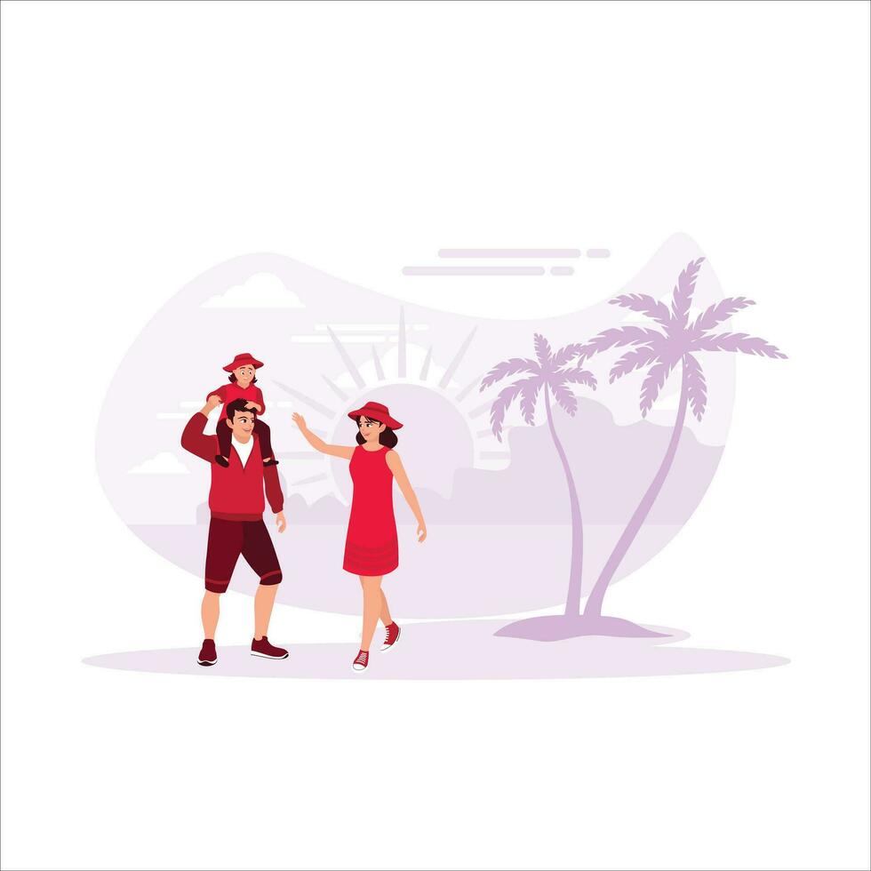 genial familia vacaciones. alegre padre, madre, y bebé caminando felizmente a lo largo el playa con amanecer en el antecedentes. viaje y vacaciones concepto. tendencia moderno vector plano ilustración