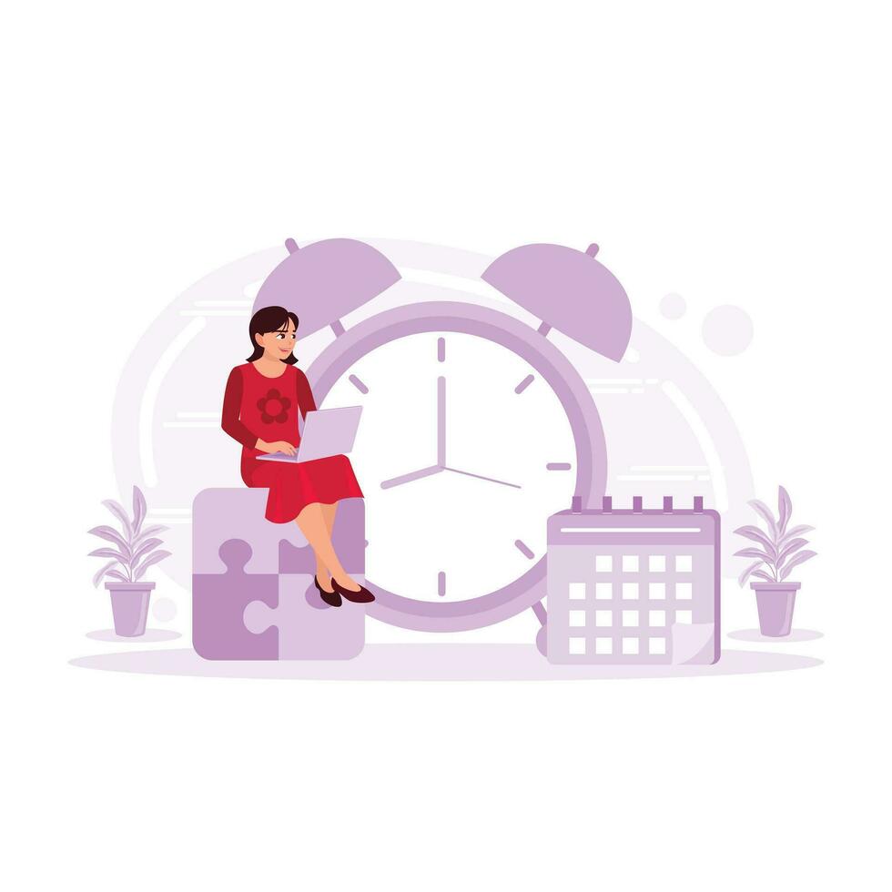 Free-time vector illustration. Businesswoman is relaxing on a puzzle. Time to take a break. Trend Modern vector flat illustration