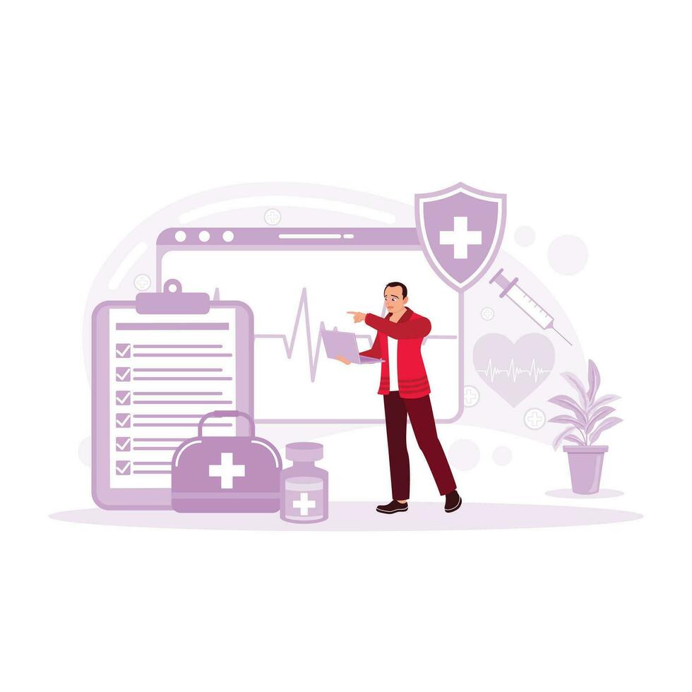 The doctor examines the patient's medical record to provide treatment. Medical service concept. Trend Modern vector flat illustration