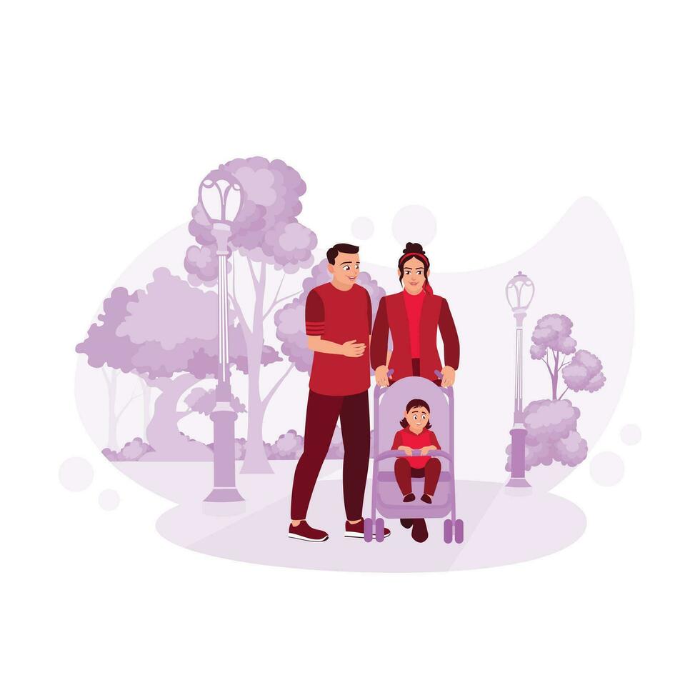 Young parents with a baby in a stroller going for a walk outdoors. Trend Modern vector flat illustration