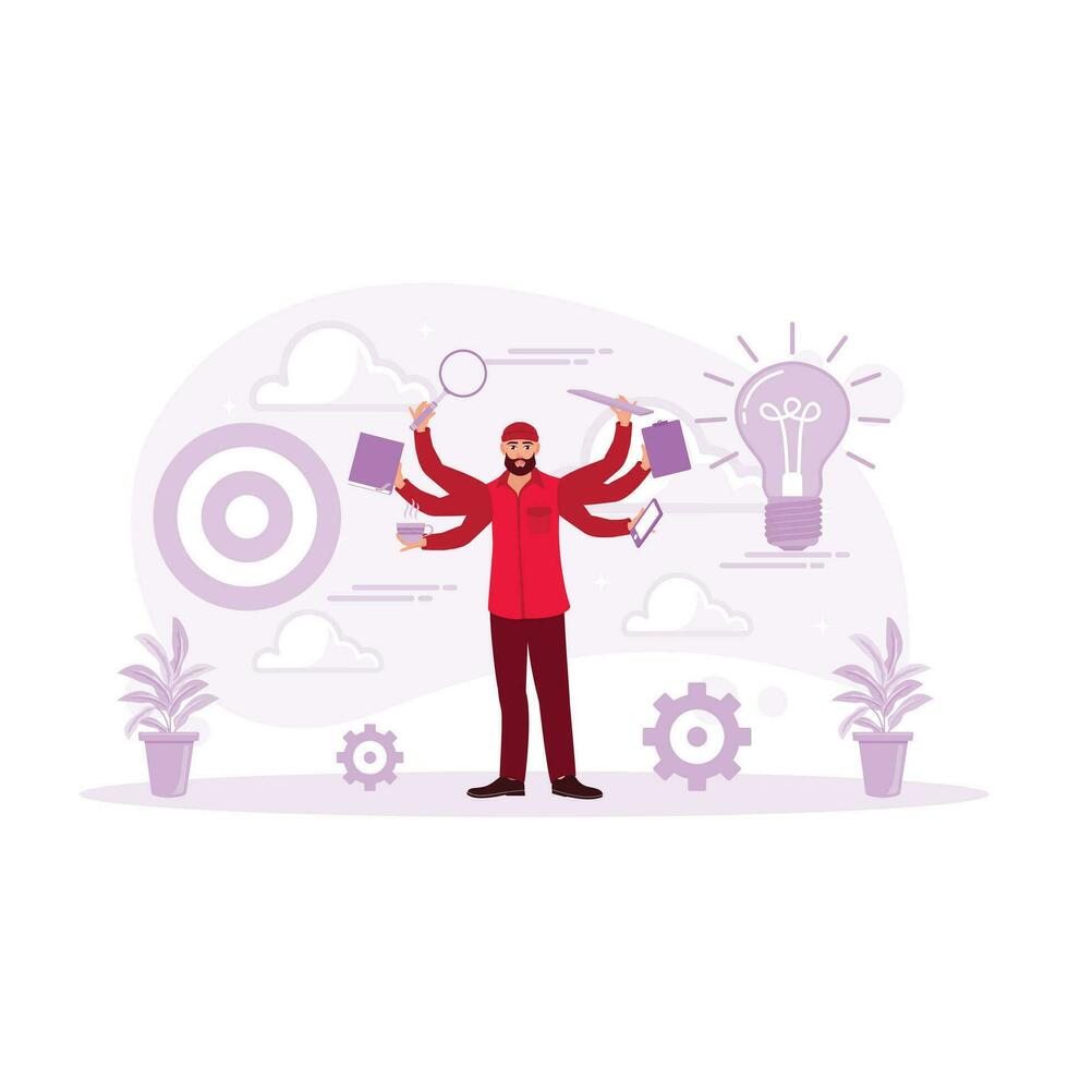 Businessman with six arms performing various actions simultaneously. Multitasking, productivity, and time management concepts. Trend Modern vector flat illustration