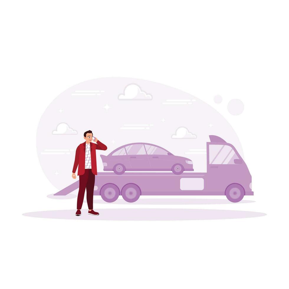 de edad mediana empresario esperando para remolque Servicio a ayuda descanso abajo el coche. borde del camino asistencia concepto. tendencia moderno vector plano ilustración