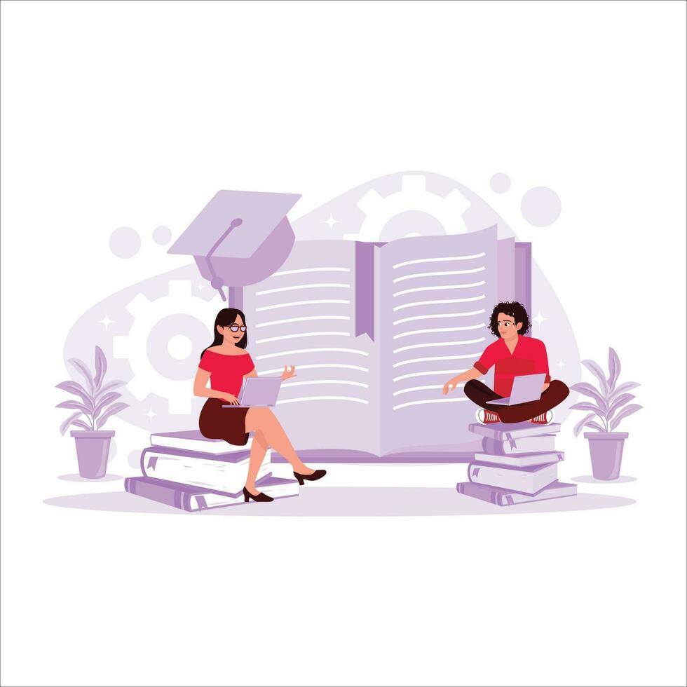 Students study together and discuss various piles of books. Trend Modern vector flat illustration.