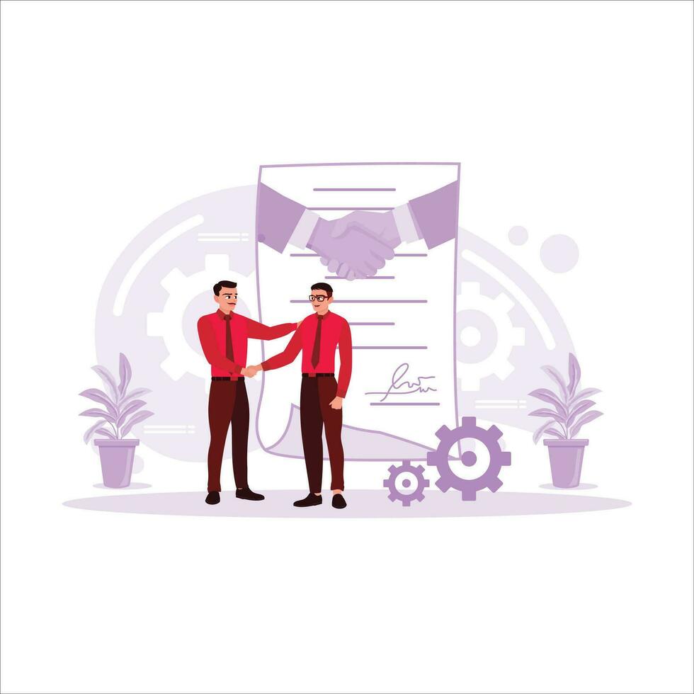 Business people shaking hands Two businessmen are shaking hands in the office. Business people sign official letters while reaching a joint business agreement. Trend Modern vector flat illustration