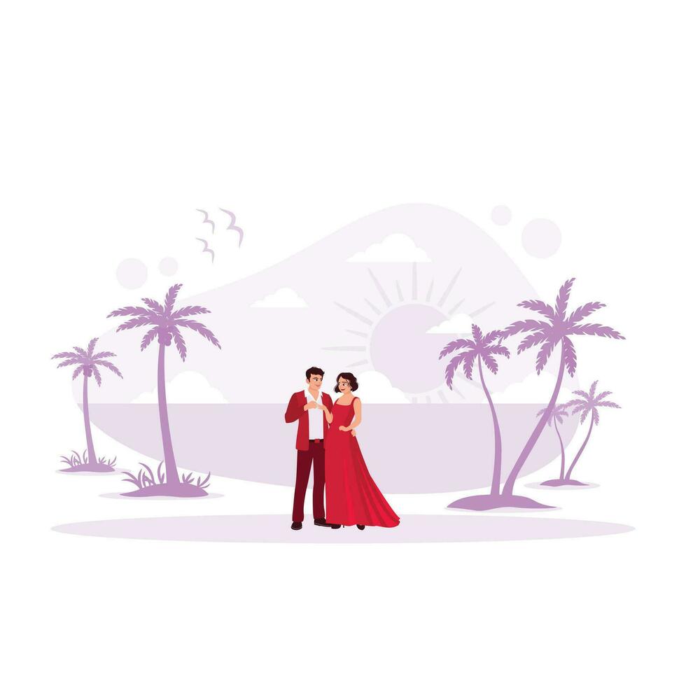 The newlyweds are enjoying their honeymoon off the coast. Love, honeymoon concept. Trend Modern vector flat illustration