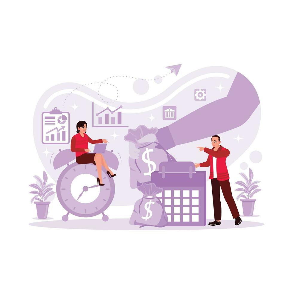 Business people were holding a money bag and falling for the loan for investment planned in the future concept. Trend Modern vector flat illustration