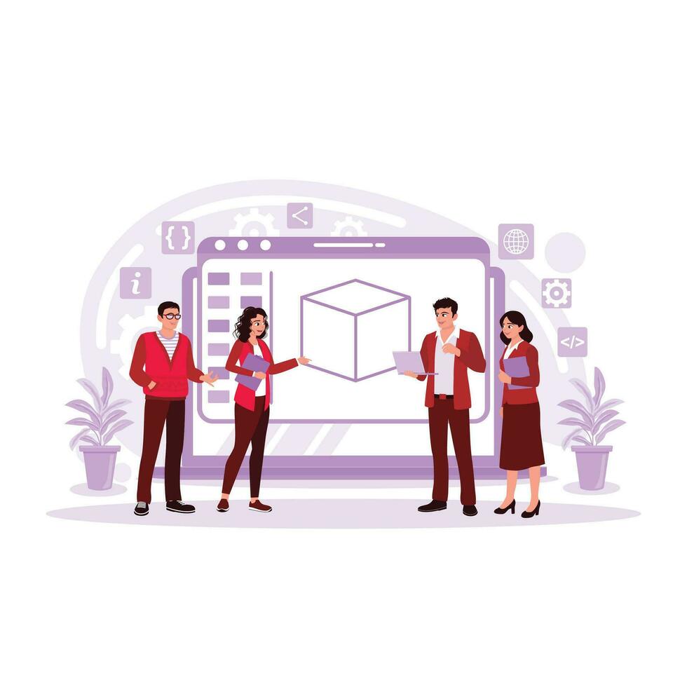 Electronics Development Engineer Working On Computer, Talking To Project Manager, Other Specialists Joining The Discussion. Trend Modern vector flat illustration