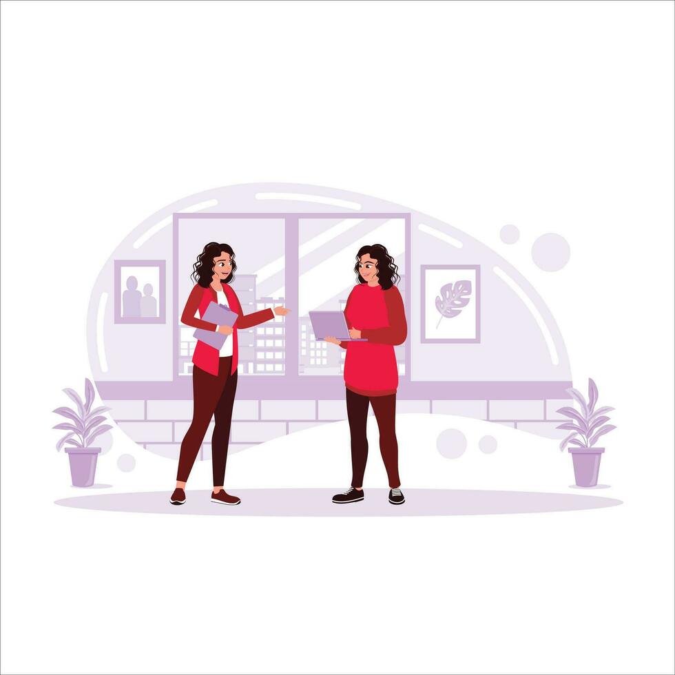 contento sonriente mujer de negocios, hablando y trabajando juntos en el oficina. tendencia moderno vector plano ilustración