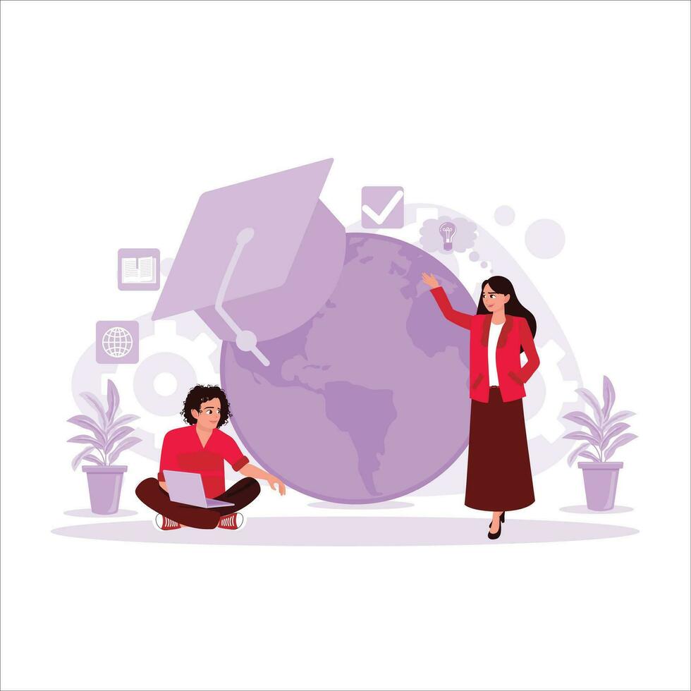 Studying student and graduation caps over the globe. Concept of education abroad and global business studies. Trend Modern vector flat illustration.