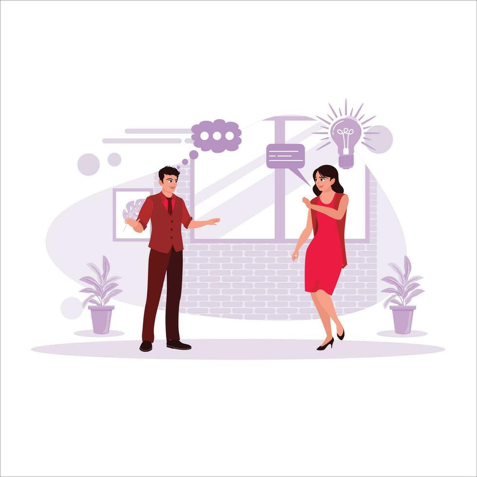 Two business people are discussing in the office, exchanging ideas, and finding new ideas. Trend modern vector flat illustration.