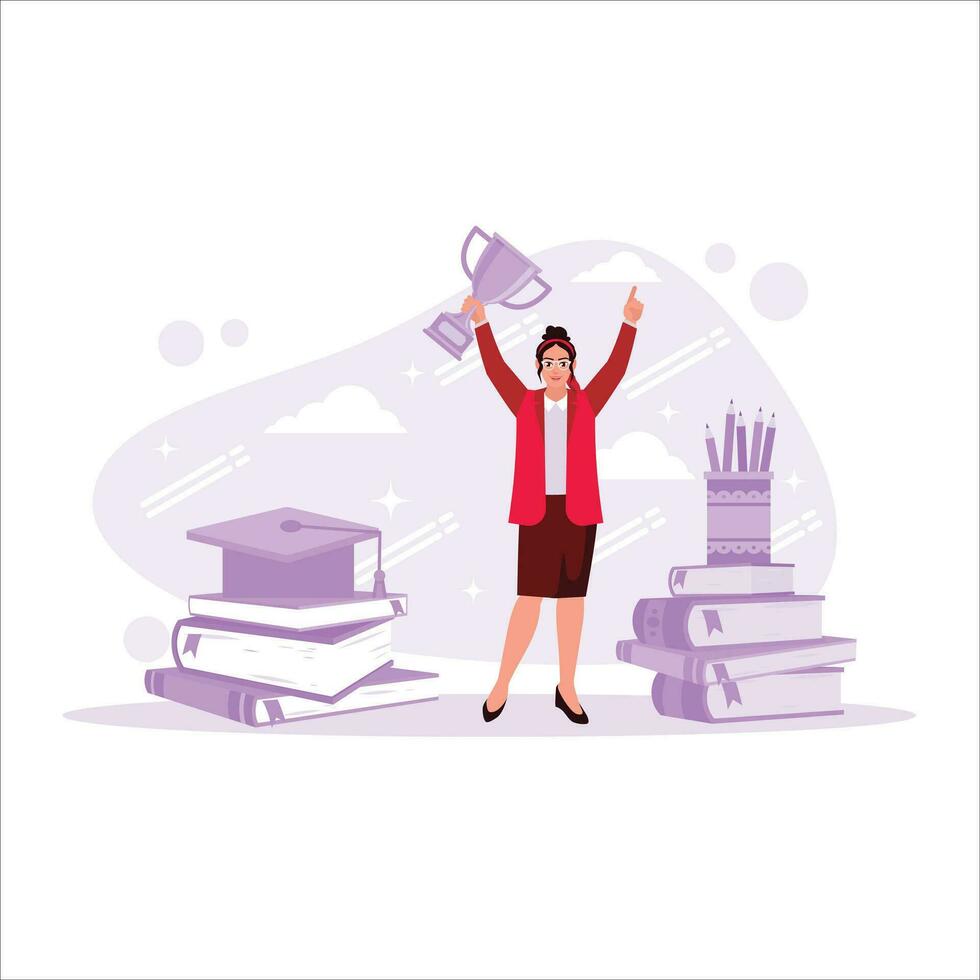 Students are smiling and carrying trophies against piles of books, graduation caps, and pencil cases. Trend Modern vector flat illustration.