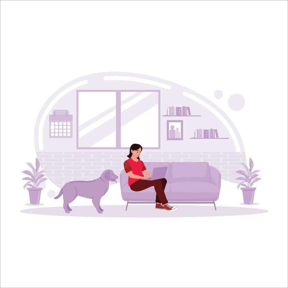 A productive young woman working sitting on the couch in a home office using a laptop with a pet dog standing beside her. Trend Modern vector flat illustration
