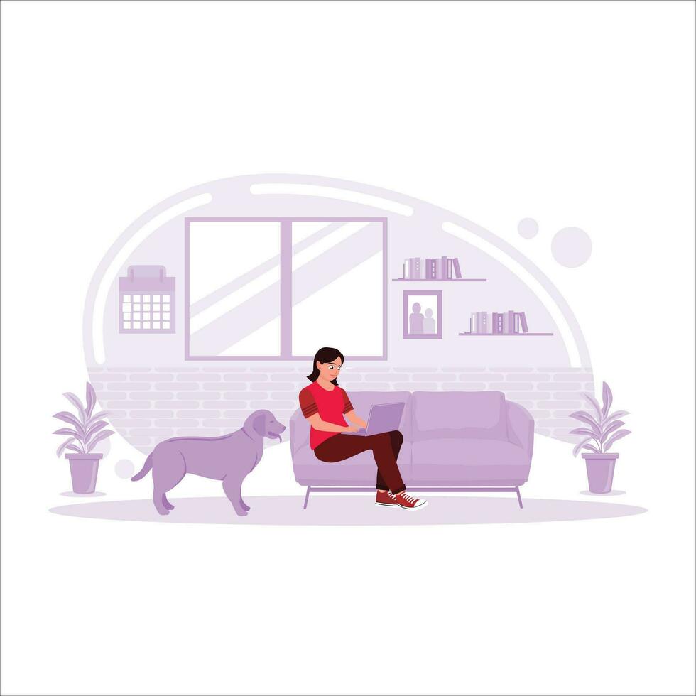 un productivo joven mujer trabajando sentado en el sofá en un hogar oficina utilizando un ordenador portátil con un mascota perro en pie junto a su. tendencia moderno vector plano ilustración