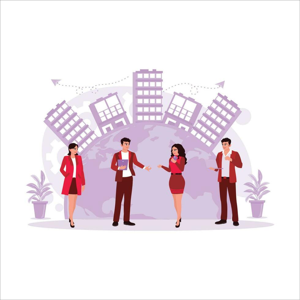 Team members stand against the backdrop of the city during the day. International company concept. Illustration of international cooperation. Trend Modern vector flat illustration